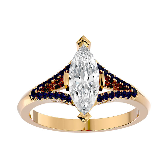 1.25 Carat Marquise Shape Diamond & Sapphire Engagement Ring In 14K Yellow Gold (4.10 G) (I-J, I1-I2 Clarity Enhanced), Size 4 By SuperJeweler