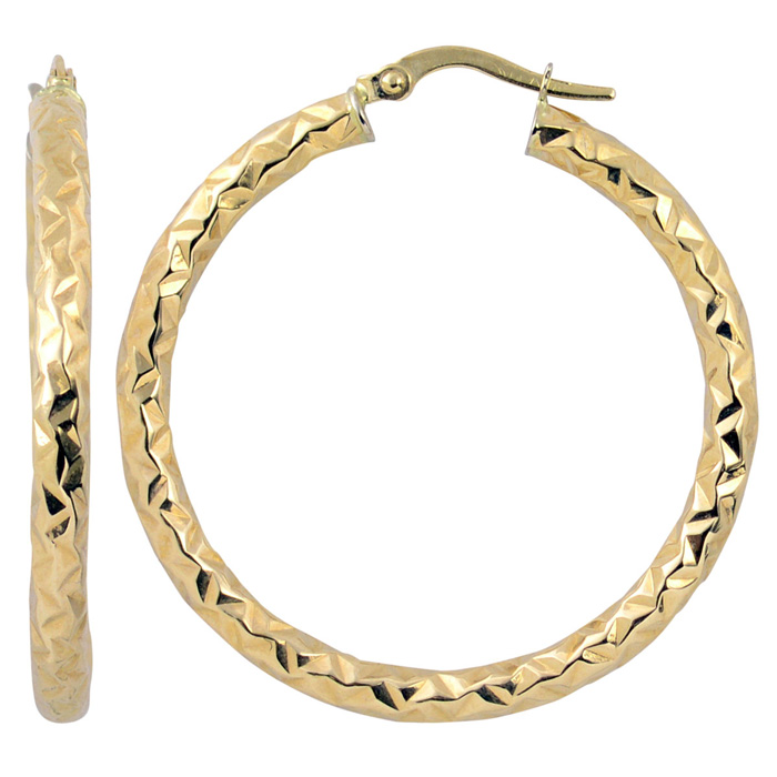 10K Yellow Gold (1.70 G) 30x3mm Diamond Cut Hoop Earrings By SuperJeweler
