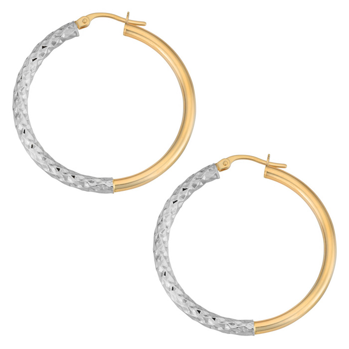 10K Two Tone Gold (2.25 G) 30x3mm Diamond Cut Hoop Earrings By SuperJeweler