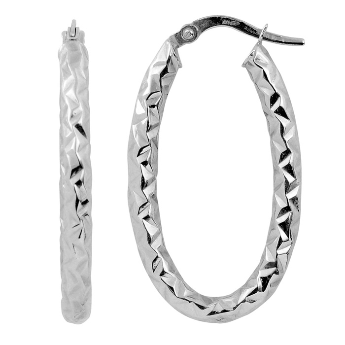 White Gold (1.30 g) 25x3mm Diamond Cut Oval Hoop Earrings by SuperJeweler