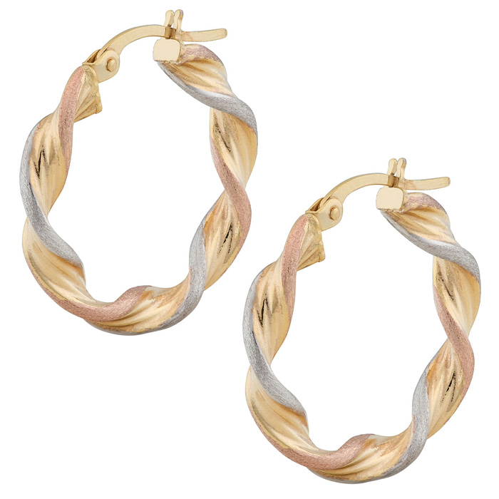 14K Tri Tone Gold (2.10 g) 15x3.5mm Satin Twist Hoop Earrings by SuperJeweler