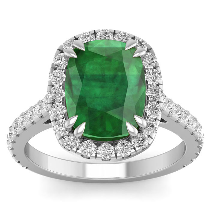 4 1/2 Carat Cushion Cut Zambian Emerald & 40 Diamond Ring in 14K 