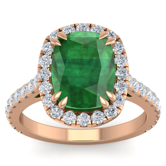 5 1/2 Carat Cushion Cut Zambian Emerald & 40 Diamond Ring in 14K Rose Gold (4.30 g)