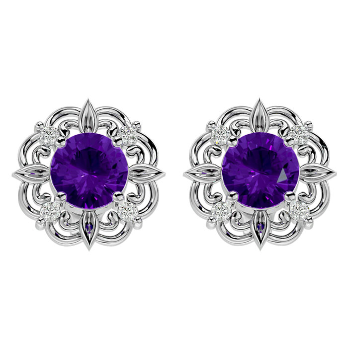 1.5 Carat Amethyst & Diamond Antique Stud Earrings in 14K White Gold (2.75 g),  by SuperJeweler