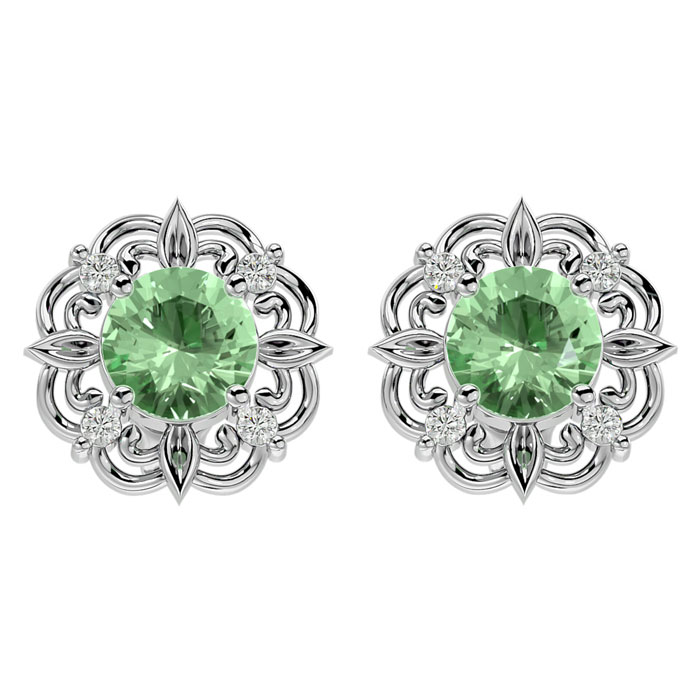 1.5 Carat Green Amethyst & Diamond Antique Stud Earrings in 14K White Gold (2.75 g),  by SuperJeweler