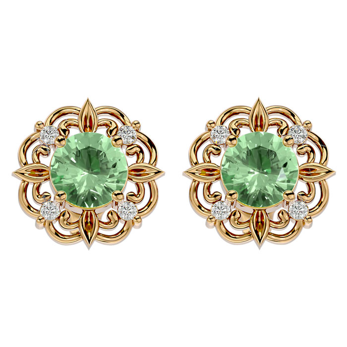 1.5 Carat Green Amethyst & Diamond Antique Stud Earrings In 14K Yellow Gold (2.75 G), I/J By SuperJeweler