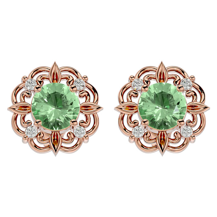 1.5 Carat Green Amethyst & Diamond Antique Stud Earrings In 14K Rose Gold (2.75 G), I/J By SuperJeweler