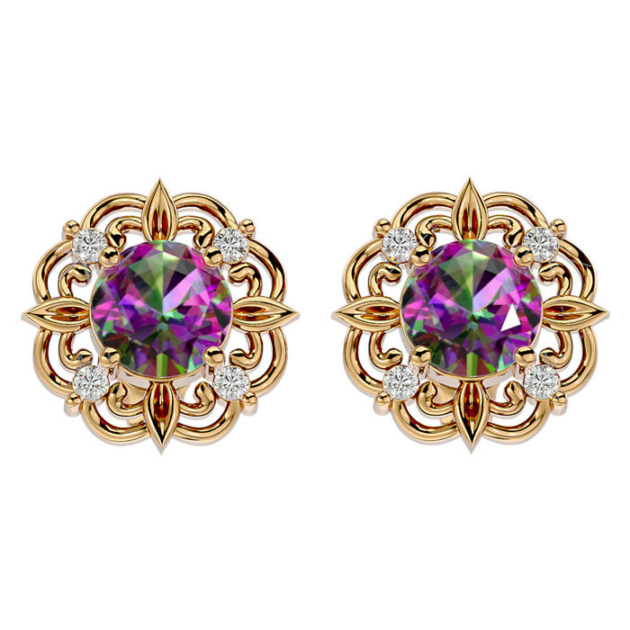 2 1/10 Carat Mystic Topaz & Diamond Antique Stud Earrings In 14K Yellow Gold (2.75 G), I/J By SuperJeweler