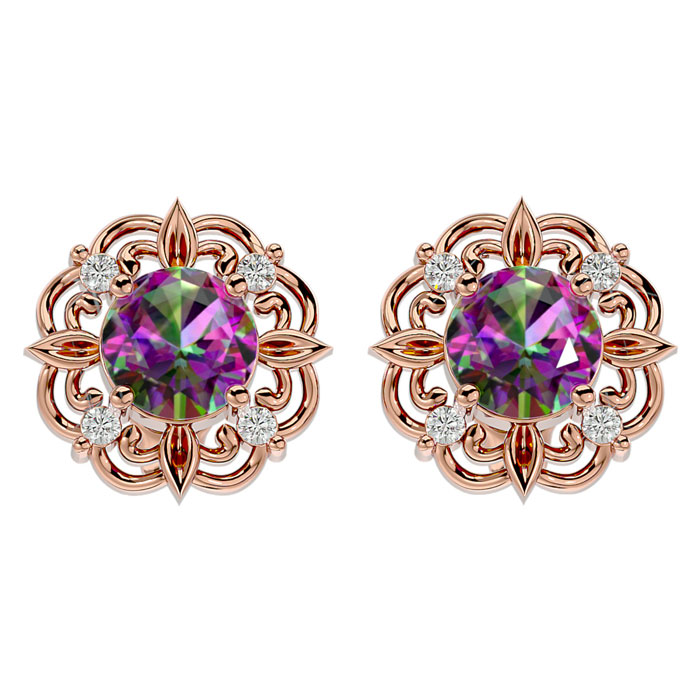 2 1/10 Carat Mystic Topaz & Diamond Antique Stud Earrings In 14K Rose Gold (2.75 G), I/J By SuperJeweler