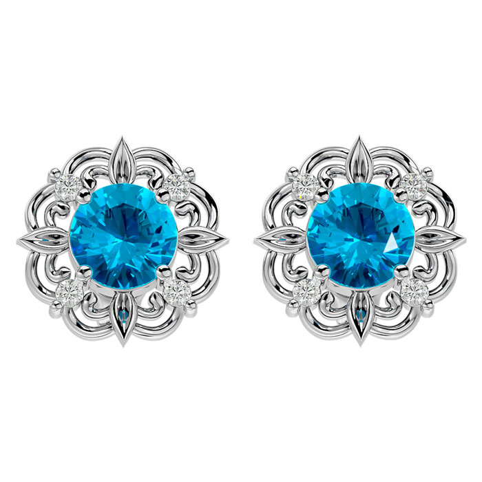 2 1/10 Carat Blue Topaz & Diamond Antique Stud Earrings In 14K White Gold (2.75 G), I/J By SuperJeweler