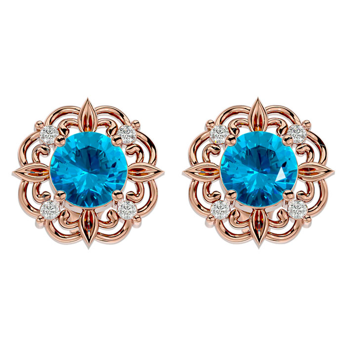 2 1/10 Carat Blue Topaz & Diamond Antique Stud Earrings In 14K Rose Gold (2.75 G), I/J By SuperJeweler