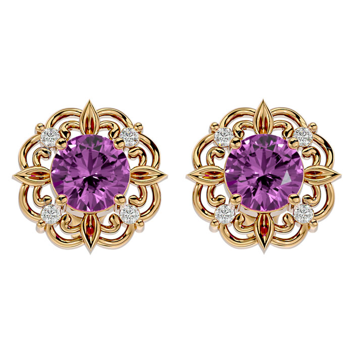 2 1/10 Carat Pink Topaz & Diamond Antique Stud Earrings In 14K Yellow Gold (2.75 G), I/J By SuperJeweler