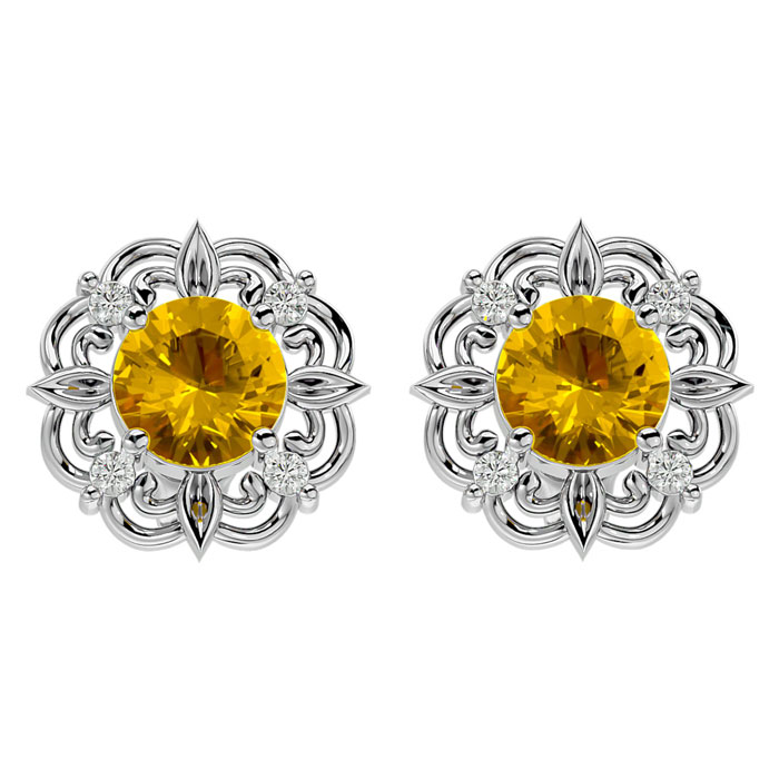 1.5 Carat Citrine & Diamond Antique Stud Earrings in 14K White Gold (2.75 g),  by SuperJeweler