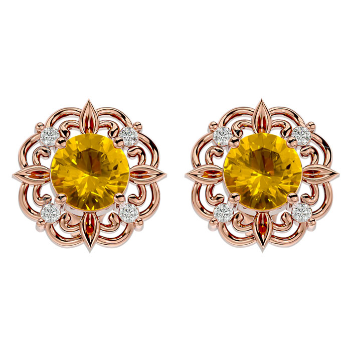 1.5 Carat Citrine & Diamond Antique Stud Earrings In 14K Rose Gold (2.75 G), I/J By SuperJeweler