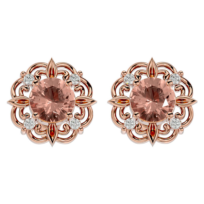 1-3/4 Carat Round Shape Morganite Earrings W/ Diamond Antique Design Studs In 14K Rose Gold (2.75 G) (I-J, I1-I2) By SuperJeweler