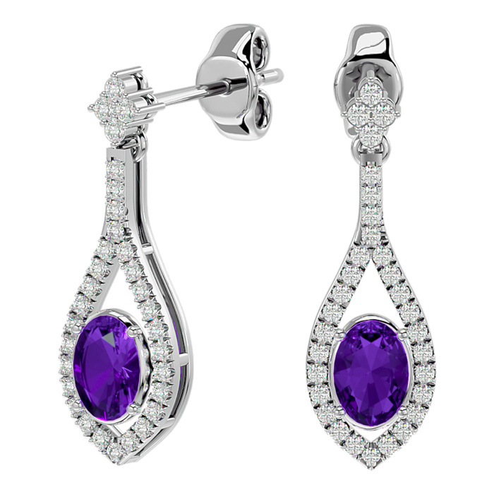 2 Carat Oval Shape Amethyst & Diamond Dangle Earrings In 14K White Gold (4 G), I/J By SuperJeweler