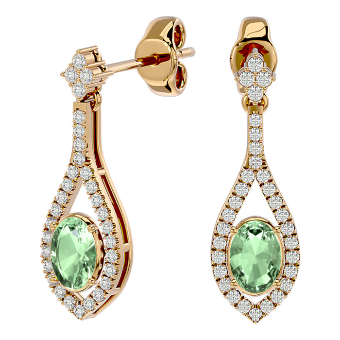 2 Carat Oval Shape Green Amethyst & Diamond Dangle Earrings in 14K Yellow Gold (4 g),  by SuperJeweler