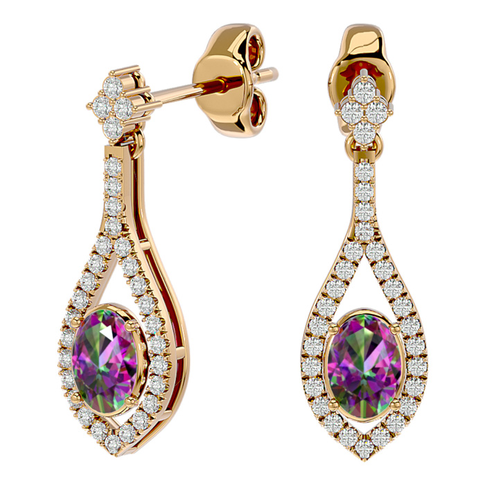 2 Carat Oval Shape Mystic Topaz & Diamond Dangle Earrings In 14K Yellow Gold (4 G), I/J By SuperJeweler