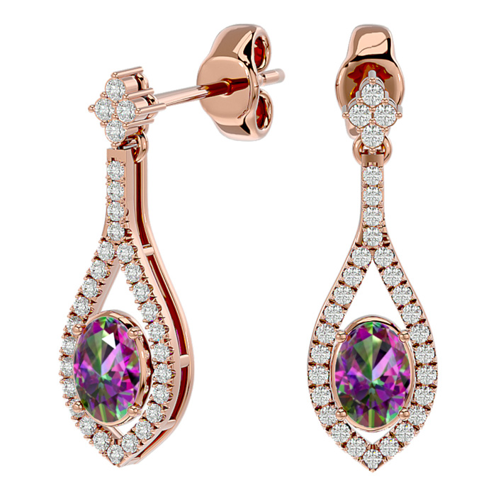 2 Carat Oval Shape Mystic Topaz & Diamond Dangle Earrings In 14K Rose Gold (4 G), I/J By SuperJeweler