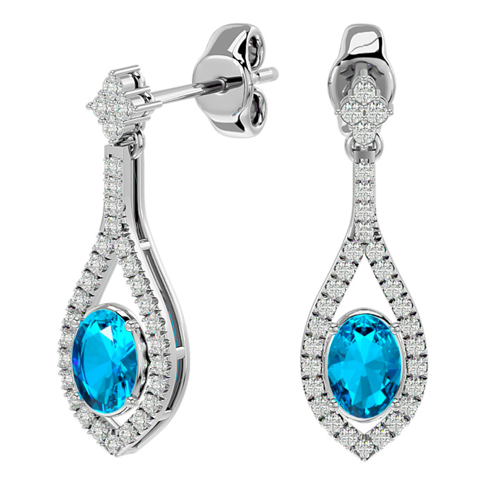 2.5 Carat Oval Shape Blue Topaz & Diamond Dangle Earrings In 14K White Gold (4 G), I/J By SuperJeweler