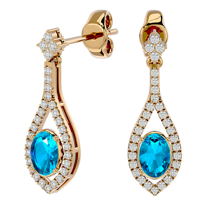 2.5 Carat Oval Shape Blue Topaz & Diamond Dangle Earrings In 14K Yellow Gold (4 G), I/J By SuperJeweler