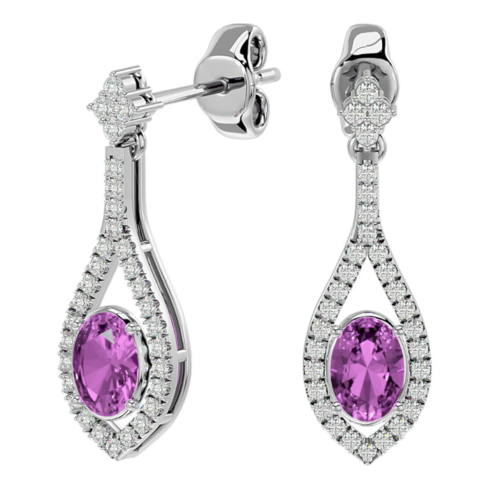 2.5 Carat Oval Shape Pink Topaz & Diamond Dangle Earrings in 14K White Gold (4 g),  by SuperJeweler