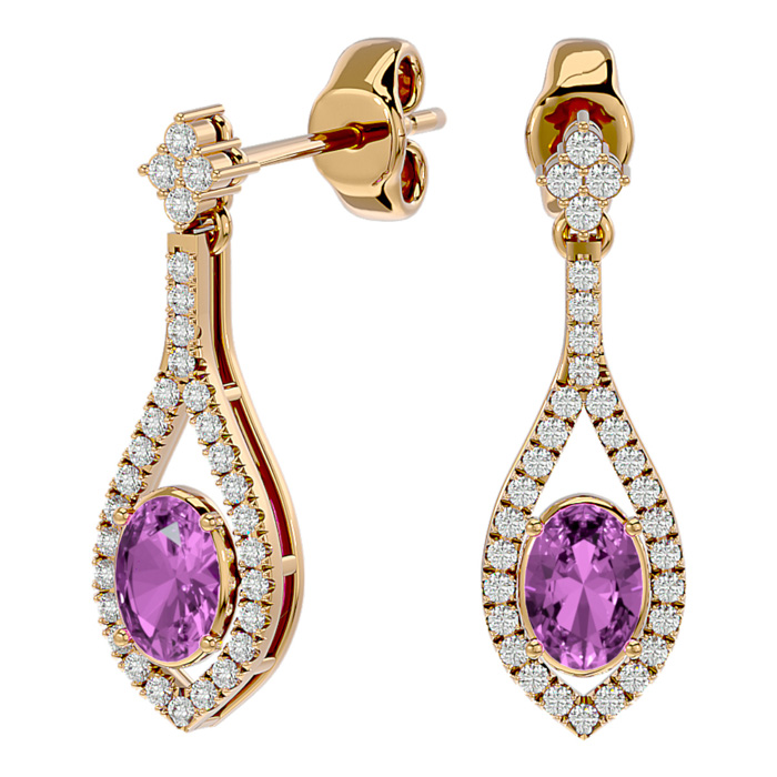 2.5 Carat Oval Shape Pink Topaz & Diamond Dangle Earrings In 14K Yellow Gold (4 G), I/J By SuperJeweler