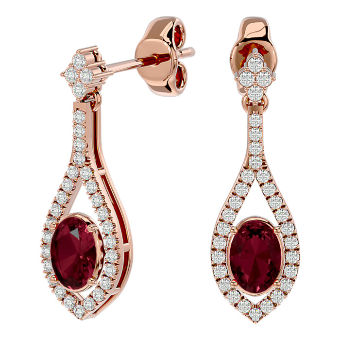 2.5 Carat Oval Shape Garnet & Diamond Dangle Earrings In 14K Rose Gold (4 G), I/J By SuperJeweler