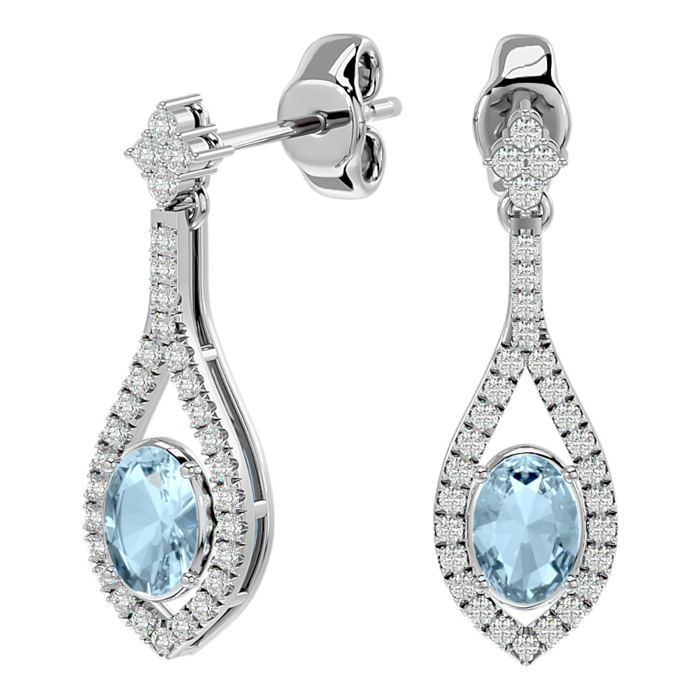 2 Carat Oval Shape Aquamarine & Diamond Dangle Earrings In 14K White Gold (4 G), I/J By SuperJeweler