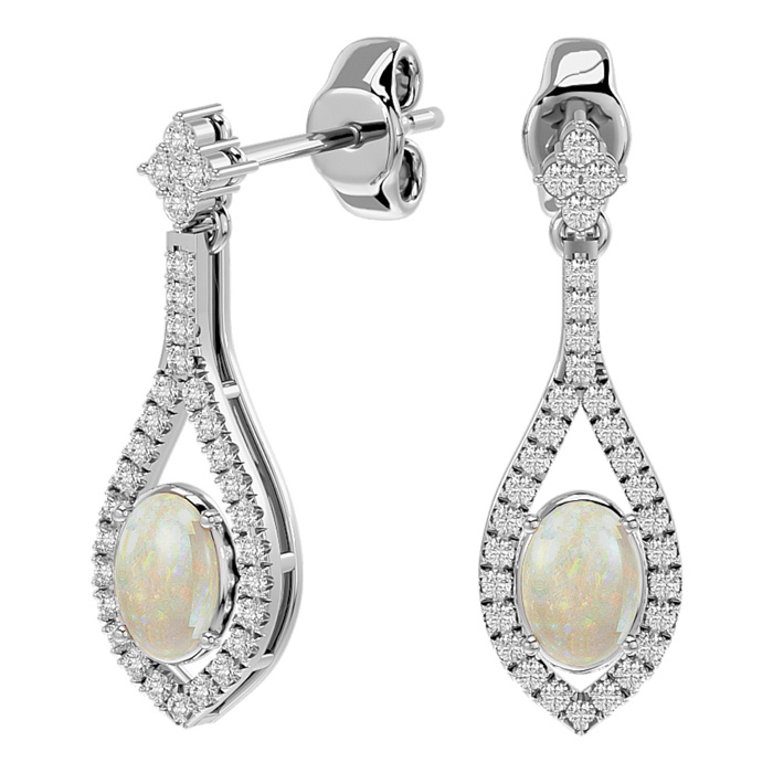 2 Carat Oval Shape Opal & Diamond Dangle Earrings In 14K White Gold (4 G) (J-K, I1-I2) By SuperJeweler