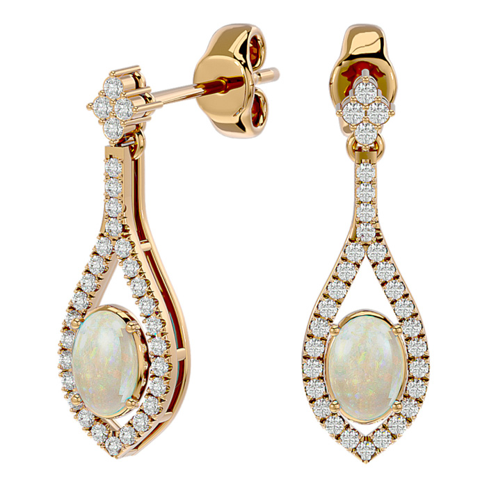 2 Carat Oval Shape Opal & Diamond Dangle Earrings in 14K Yellow Gold (4 g),  by SuperJeweler