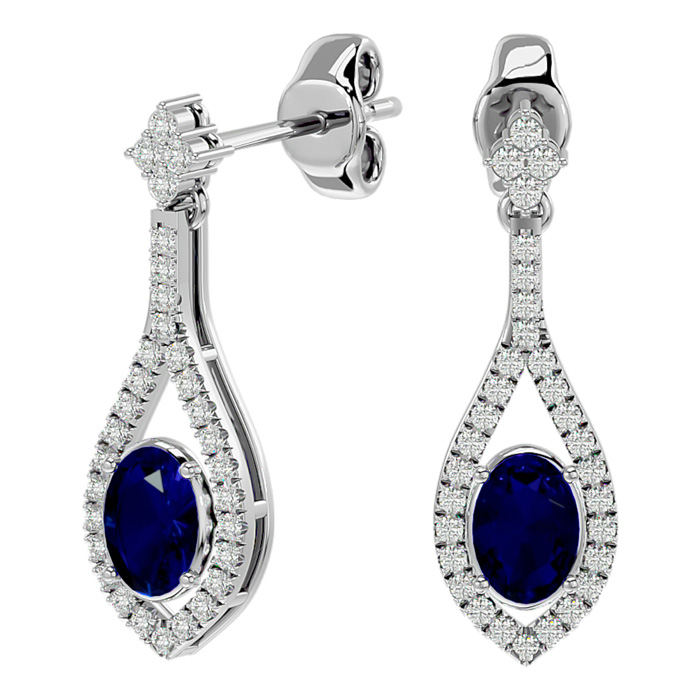 2.5 Carat Oval Shape Sapphire & Diamond Dangle Earrings In 14K White Gold (4 G), I/J By SuperJeweler