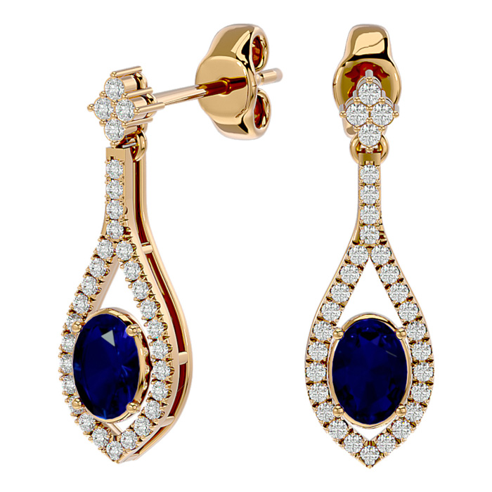 2.5 Carat Oval Shape Sapphire & Diamond Dangle Earrings In 14K Yellow Gold (4 G), I/J By SuperJeweler