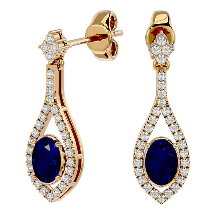 2.5 Carat Oval Shape Sapphire & Diamond Dangle Earrings in 14K Yellow Gold (4 g),  by SuperJeweler