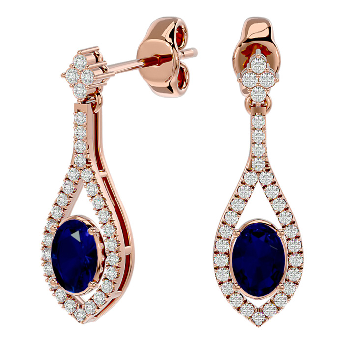 2.5 Carat Oval Shape Sapphire & Diamond Dangle Earrings In 14K Rose Gold (4 G), I/J By SuperJeweler