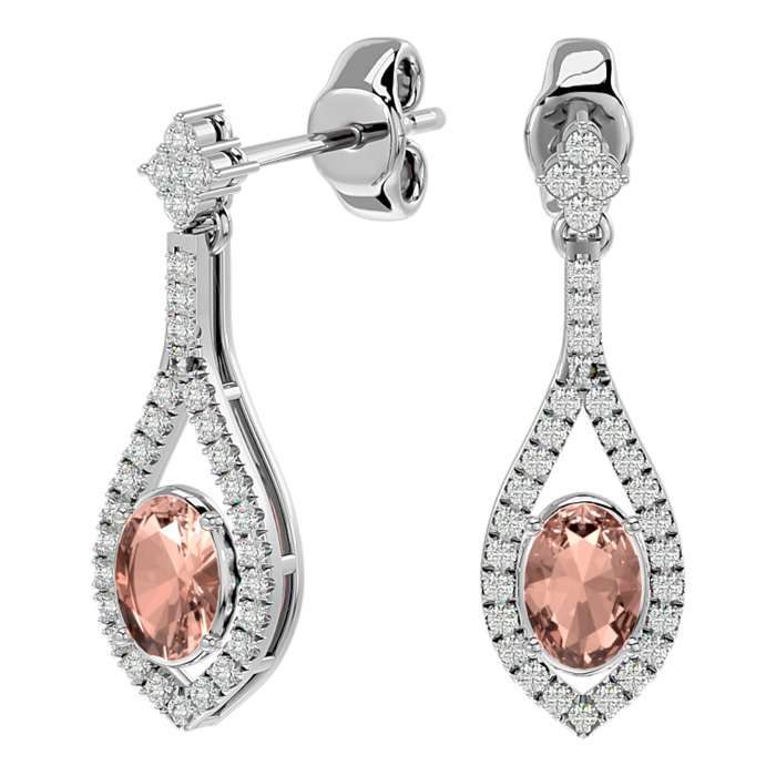 2 Carat Oval Shape Morganite Earrings & Diamond Dangles In 14K White Gold (4 G) (I-J, I1-I2) By SuperJeweler