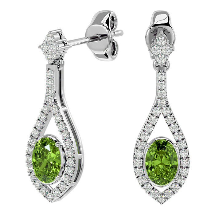 2 1/3 Carat Oval Shape Peridot & Diamond Dangle Earrings In 14K White Gold (4 G), I/J By SuperJeweler