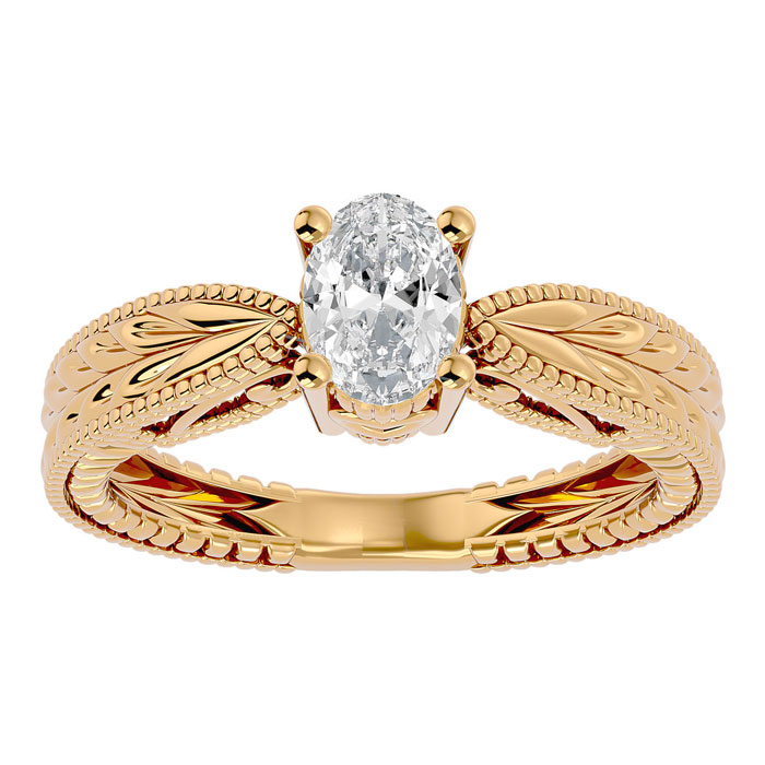 3/4 Carat Oval Shape Moissanite Solitaire Engagement Ring W/ Tapered Etched Band In 14K Yellow Gold (4 G), E/F By SuperJeweler