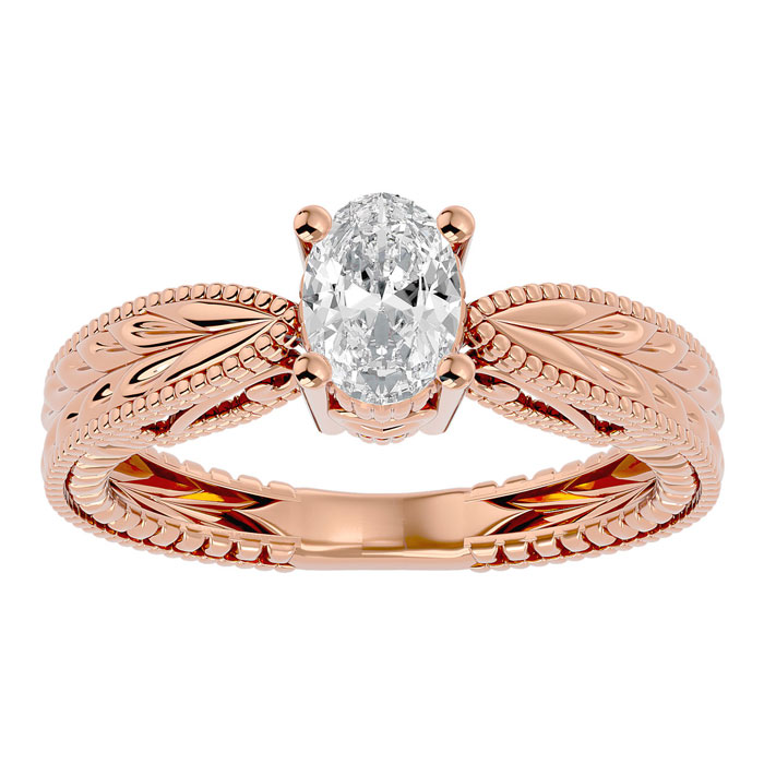 3/4 Carat Oval Shape Moissanite Solitaire Engagement Ring W/ Tapered Etched Band In 14K Rose Gold (4 G), E/F By SuperJeweler