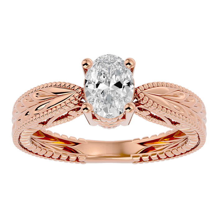 1 Carat Oval Shape Moissanite Solitaire Engagement Ring W/ Tapered Etched Band In 14K Rose Gold (5.30 G), E/F By SuperJeweler