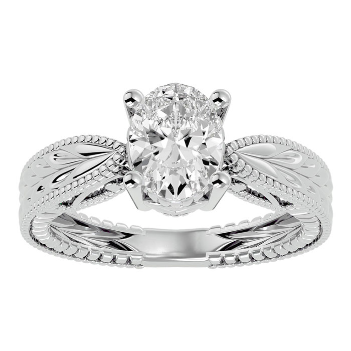 1.5 Carat Oval Shape Moissanite Solitaire Engagement Ring W/ Tapered Etched Band In 14K White Gold (6 G), E/F By SuperJeweler