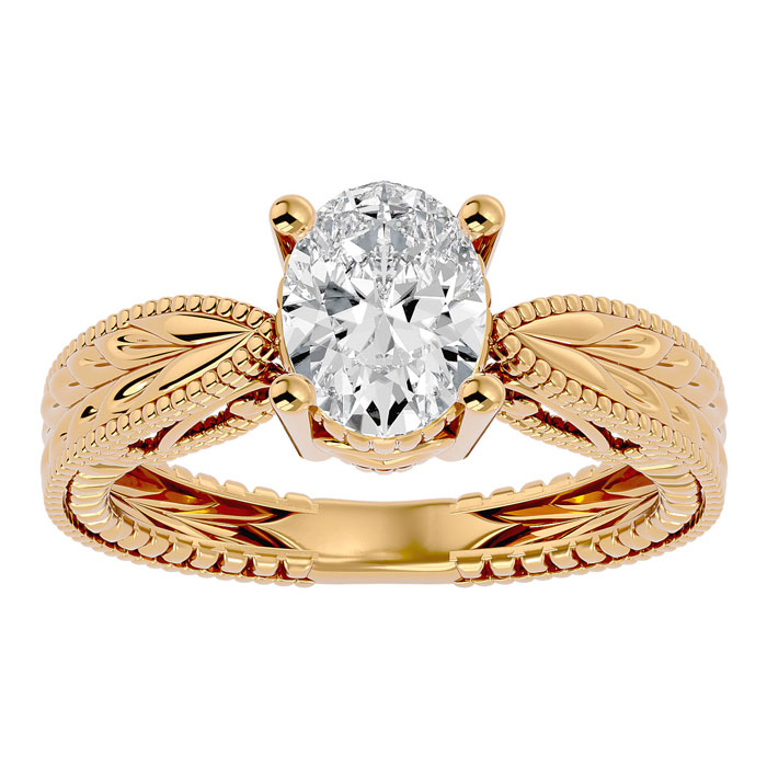 1.5 Carat Oval Shape Moissanite Solitaire Engagement Ring w/ Tapered Etched Band in 14K Yellow Gold (6 g), E/F Color, Size 4 by SuperJeweler