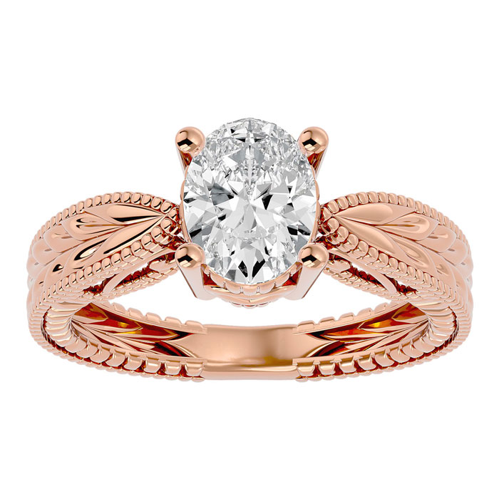 1.5 Carat Oval Shape Moissanite Solitaire Engagement Ring w/ Tapered Etched Band in 14K Rose Gold (6 g), E/F Color, Size 4 by SuperJeweler