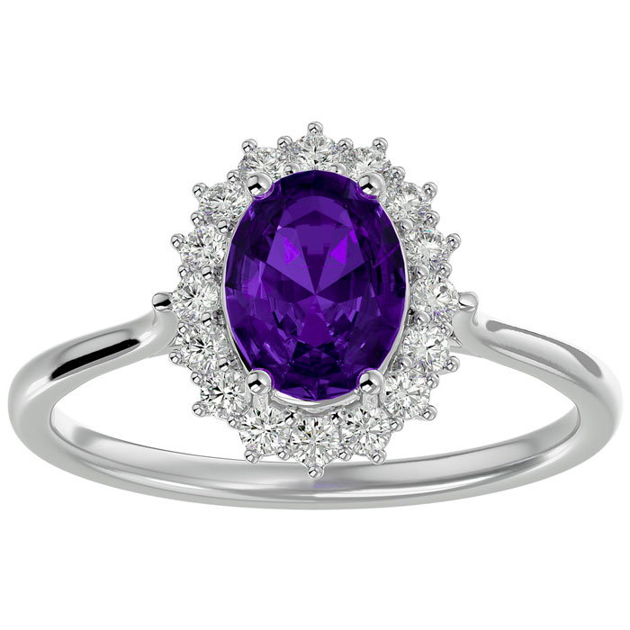 1 1/3 Carat Oval Shape Amethyst & Halo 16 Diamond Ring in 14K White Gold (3.40 g), , Size 4 by SuperJeweler