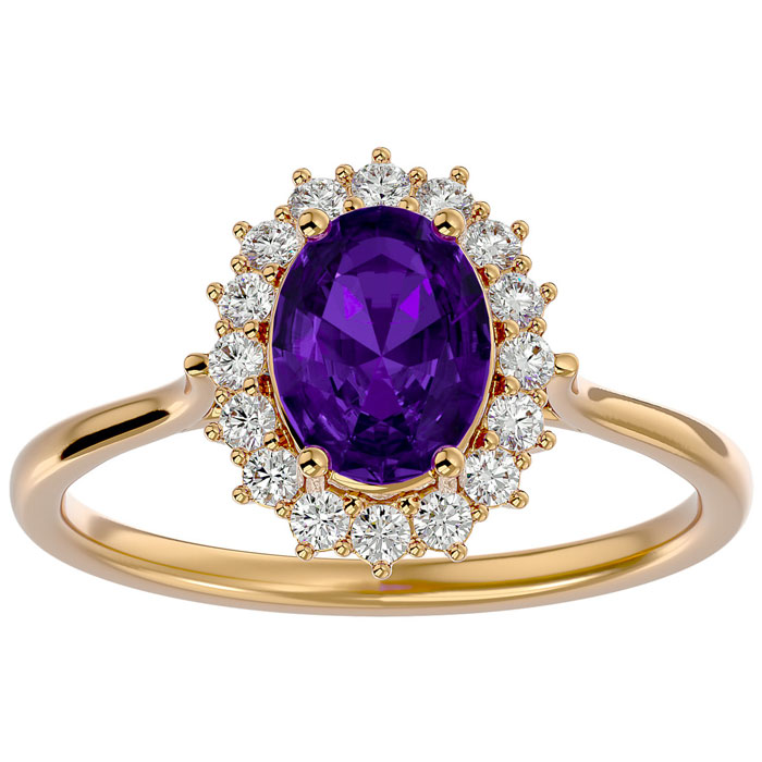 1 1/3 Carat Oval Shape Amethyst & Halo 16 Diamond Ring in 14K Yellow Gold (3.40 g), , Size 4 by SuperJeweler