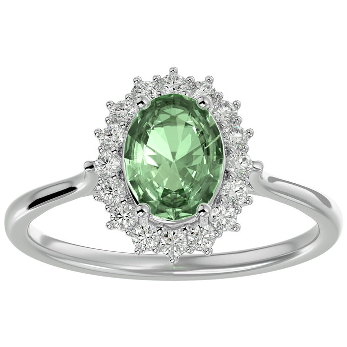 1 1/3 Carat Oval Shape Green Amethyst & Halo 16 Diamond Ring in 14K White Gold (3.40 g), , Size 4 by SuperJeweler