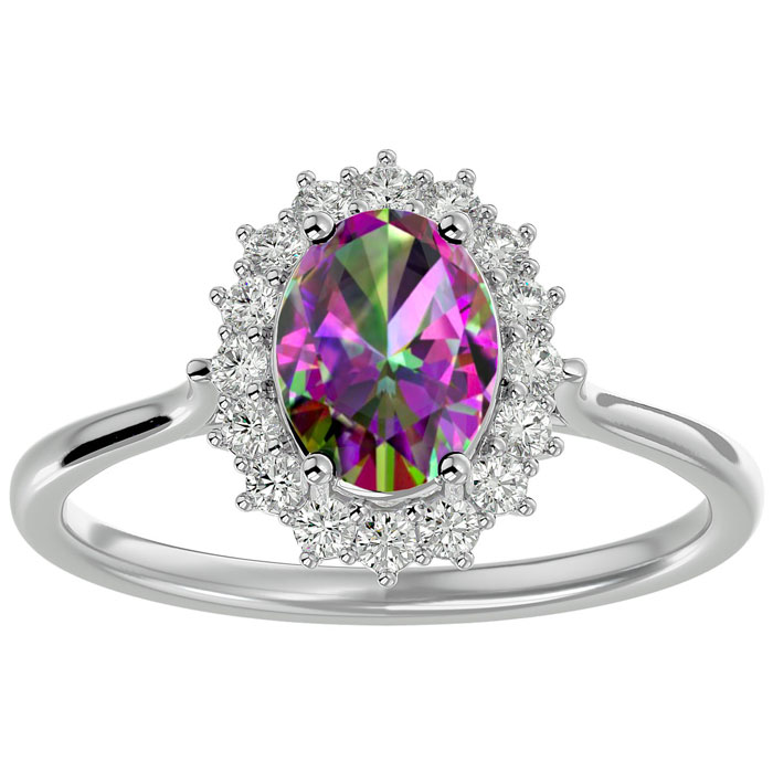 1 1/3 Carat Oval Shape Mystic Topaz & Halo 16 Diamond Ring in 14K White Gold (3.40 g), , Size 4 by SuperJeweler