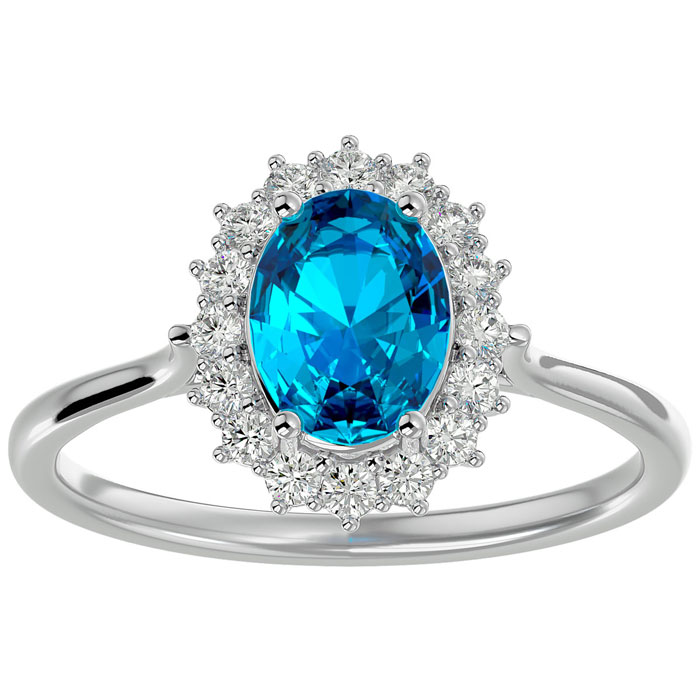 1 3/4 Carat Oval Shape Blue Topaz & Halo 16 Diamond Ring in 14K White Gold (3.40 g), , Size 4 by SuperJeweler