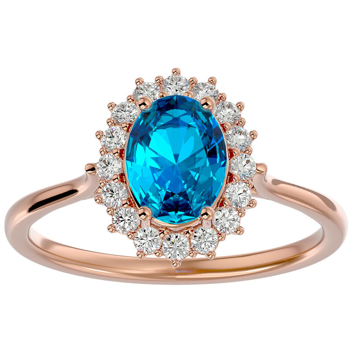 1 3/4 Carat Oval Shape Blue Topaz & Halo 16 Diamond Ring in 14K Rose Gold (3.40 g), , Size 4 by SuperJeweler