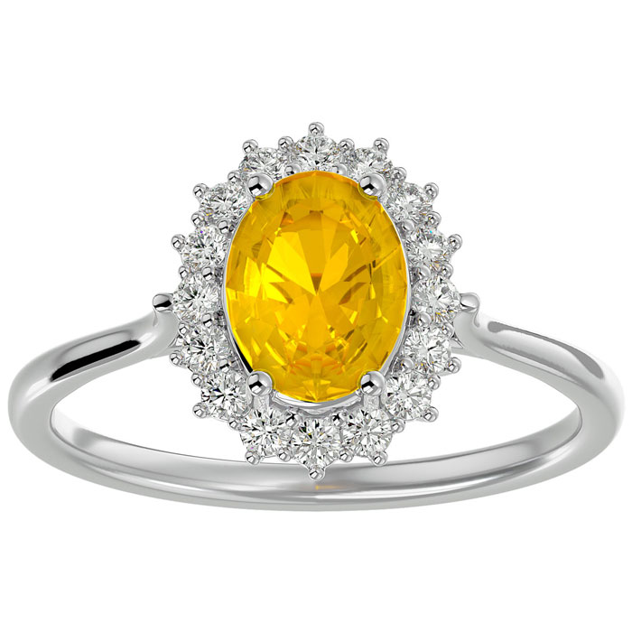 1 1/3 Carat Oval Shape Citrine & Halo 16 Diamond Ring in 14K White Gold (3.40 g), , Size 4 by SuperJeweler